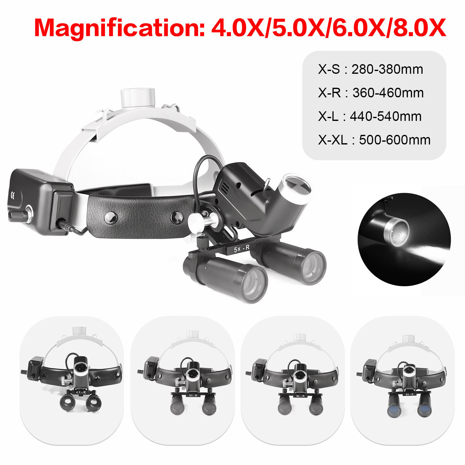 4.0X/5.0X/6.0X/8.0X-R Lupa quirúrgica médica dental + diadema LED faro de 5W